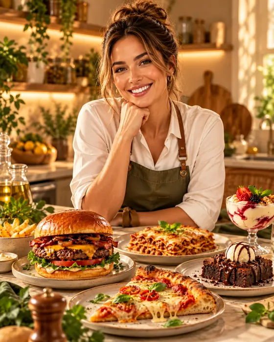 Cozinheira sorrindo em frente a hambúrguer, pizza e sobremesas